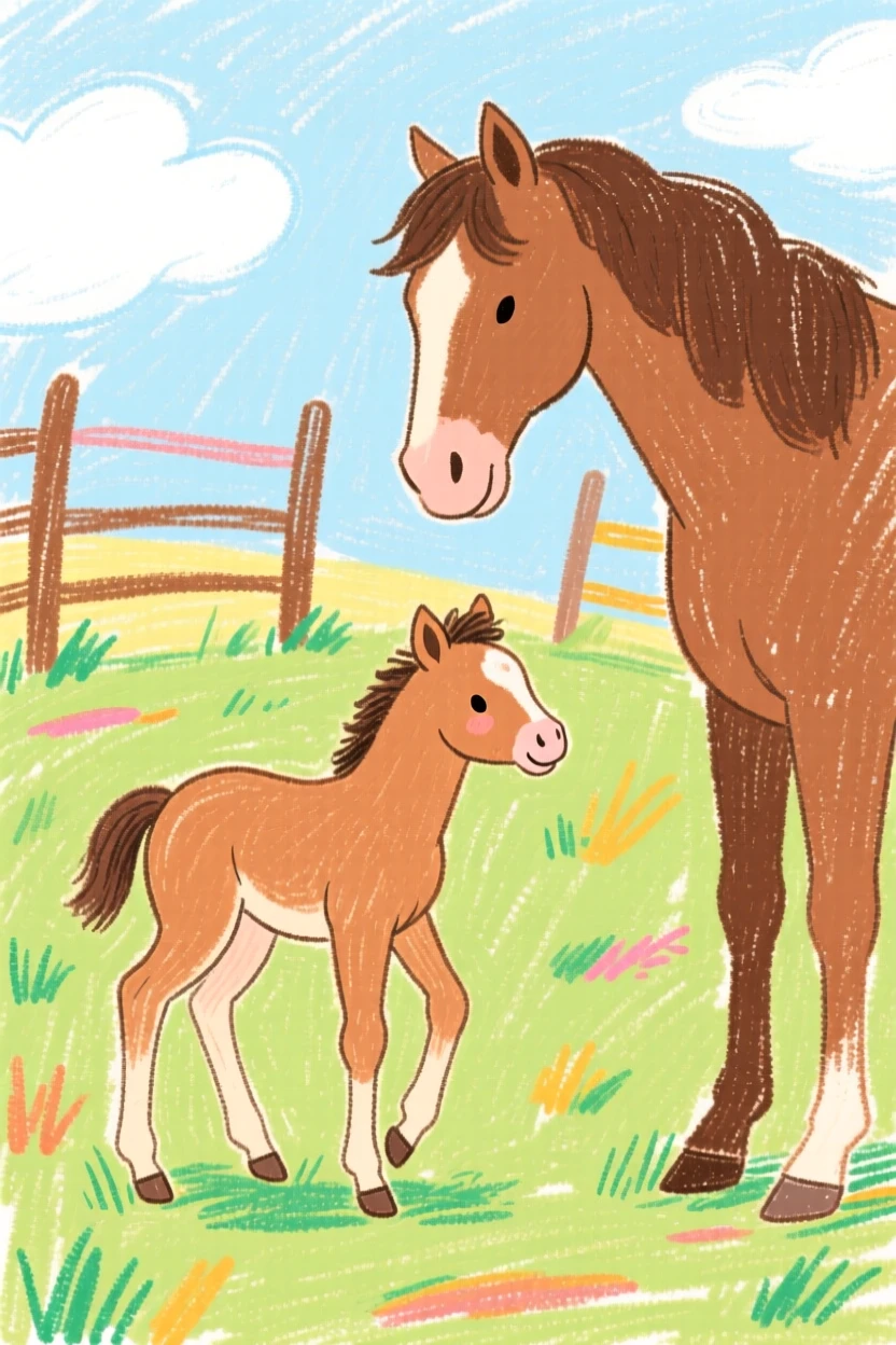 A newborn foal standing wobbly beside its mother in a paddock.