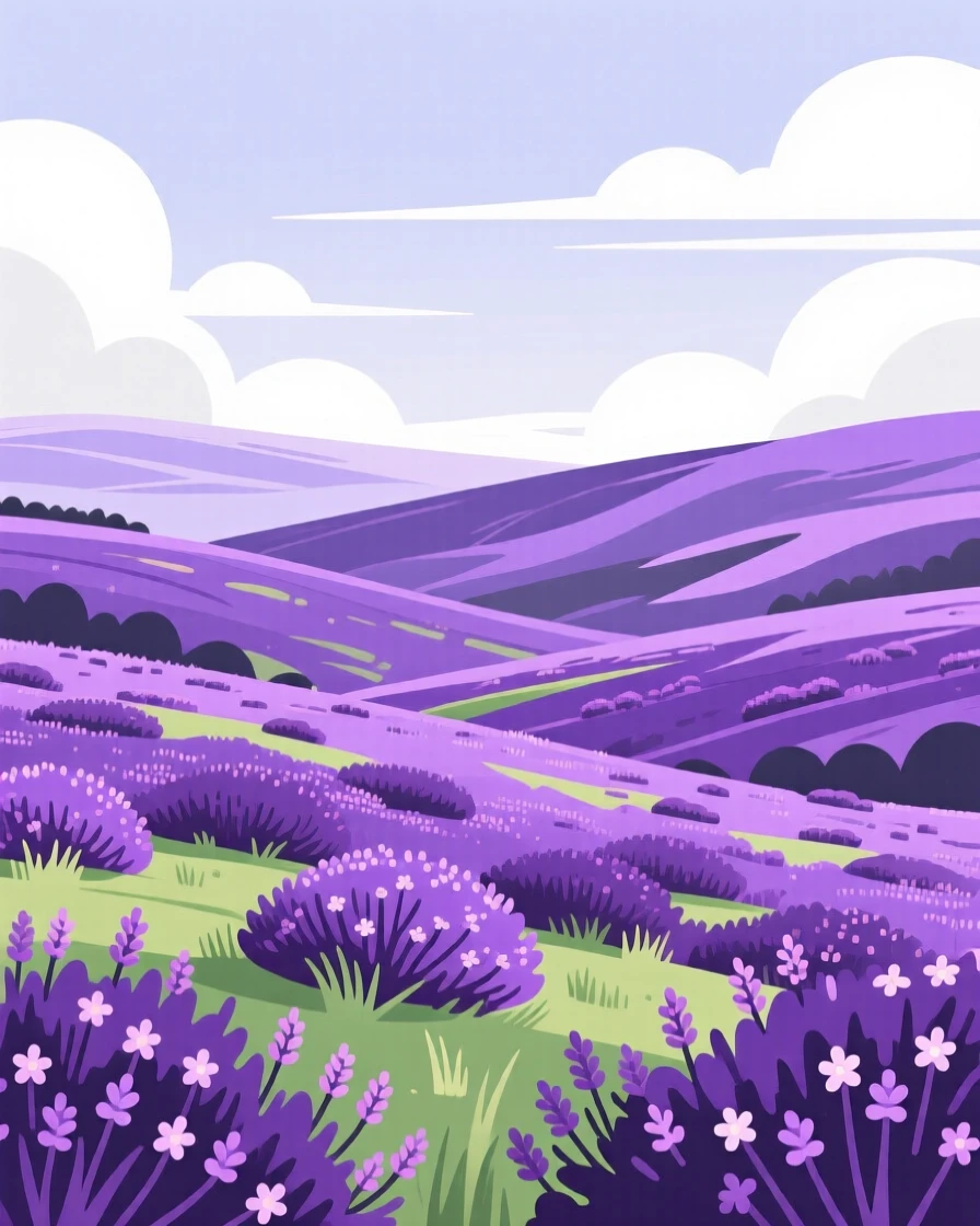 A field of purple heather rolling across highland hills, beneath a canopy of drifting clouds, balanced using the rule of thirds for natural harmony, with a fresh, crisp clarity that highlights every detail.