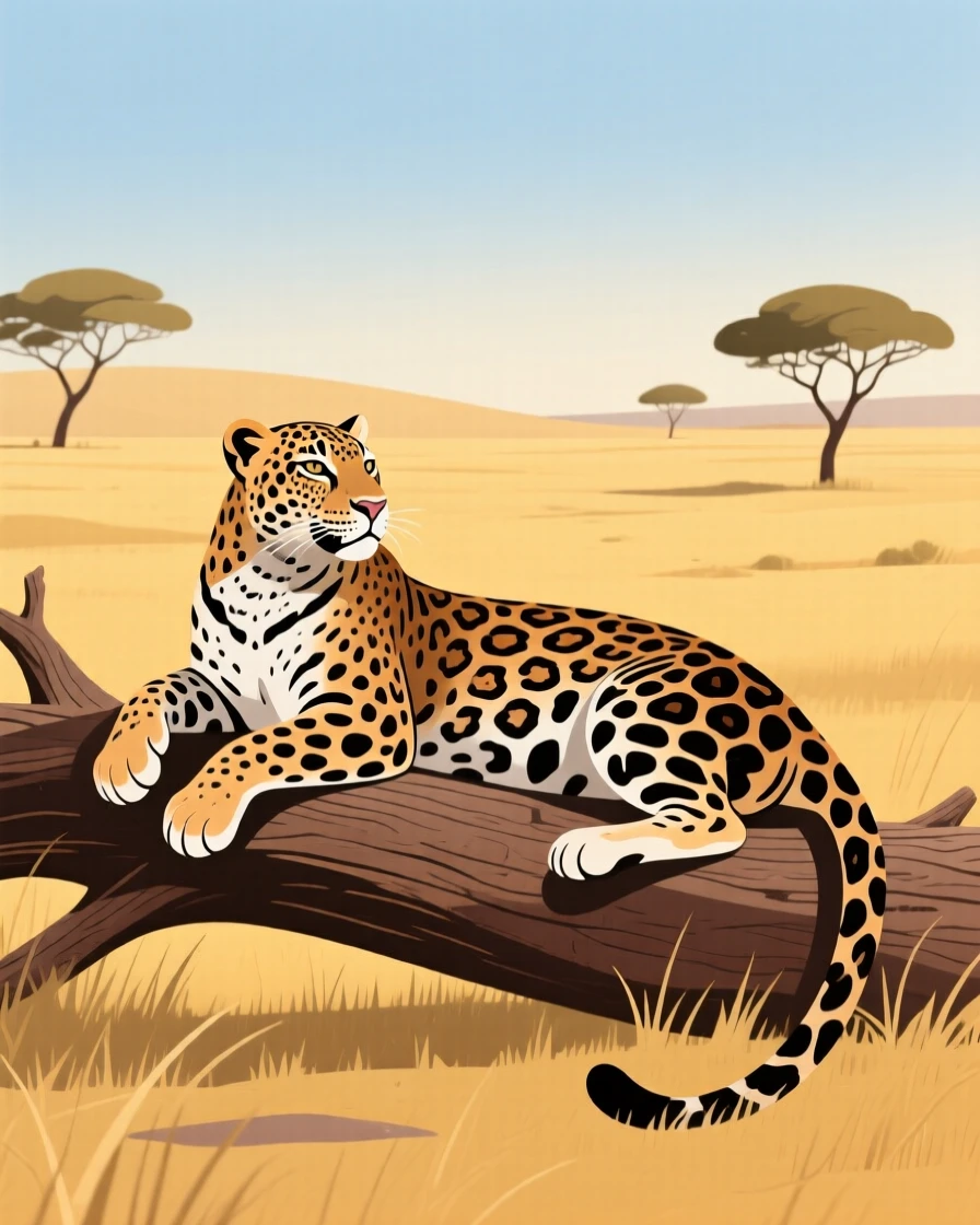 A majestic jaguar resting on a fallen log overlooking the savanna.