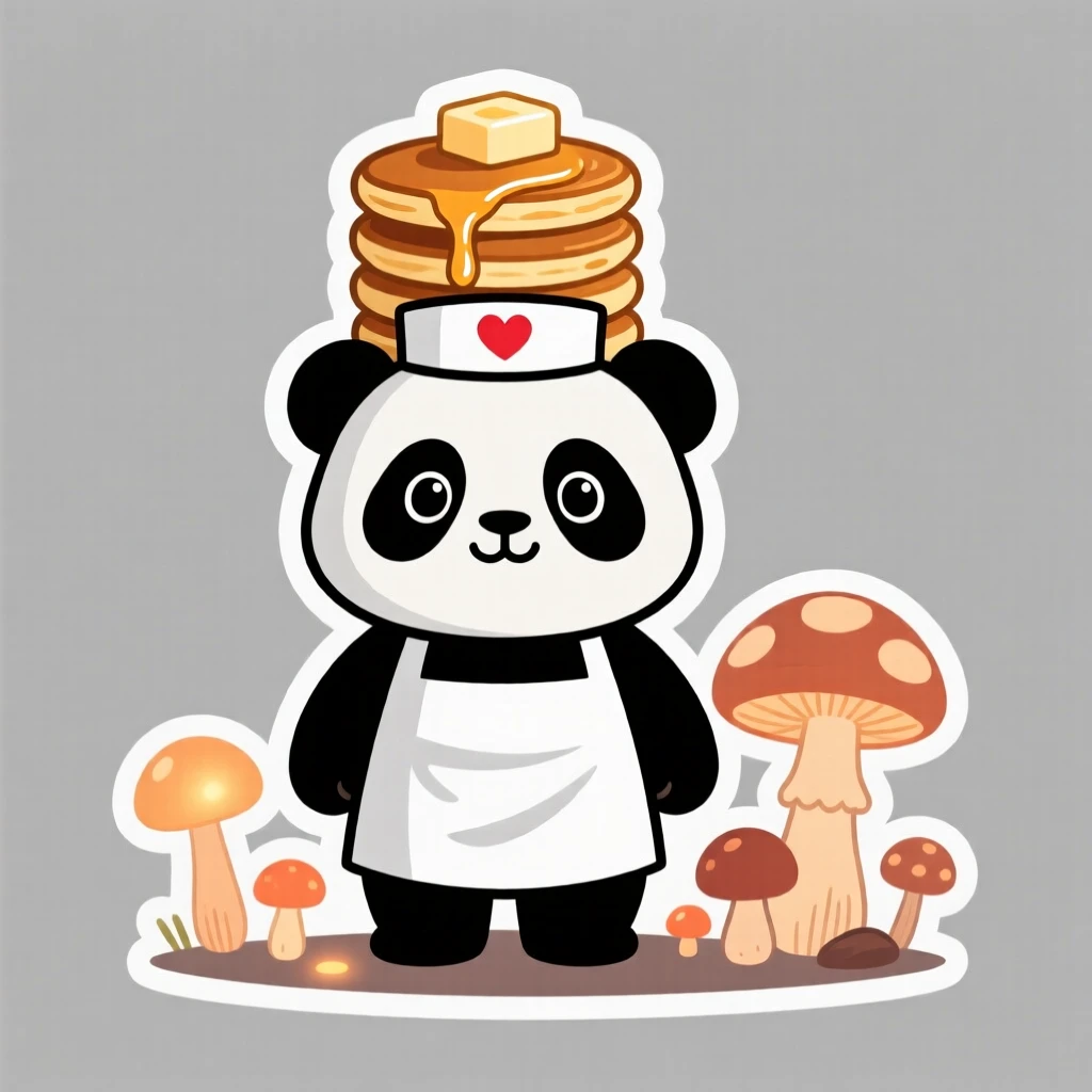 A curious baby panda dressed as a chef balancing a stack of pancakes on its head, among mushrooms glowing softly at dusk.