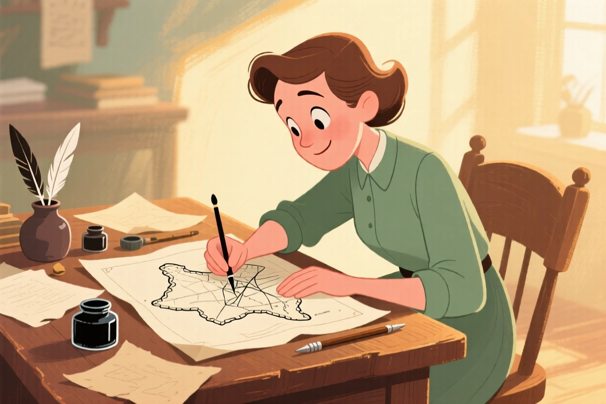 A cartographer inking details onto a hand-drawn map