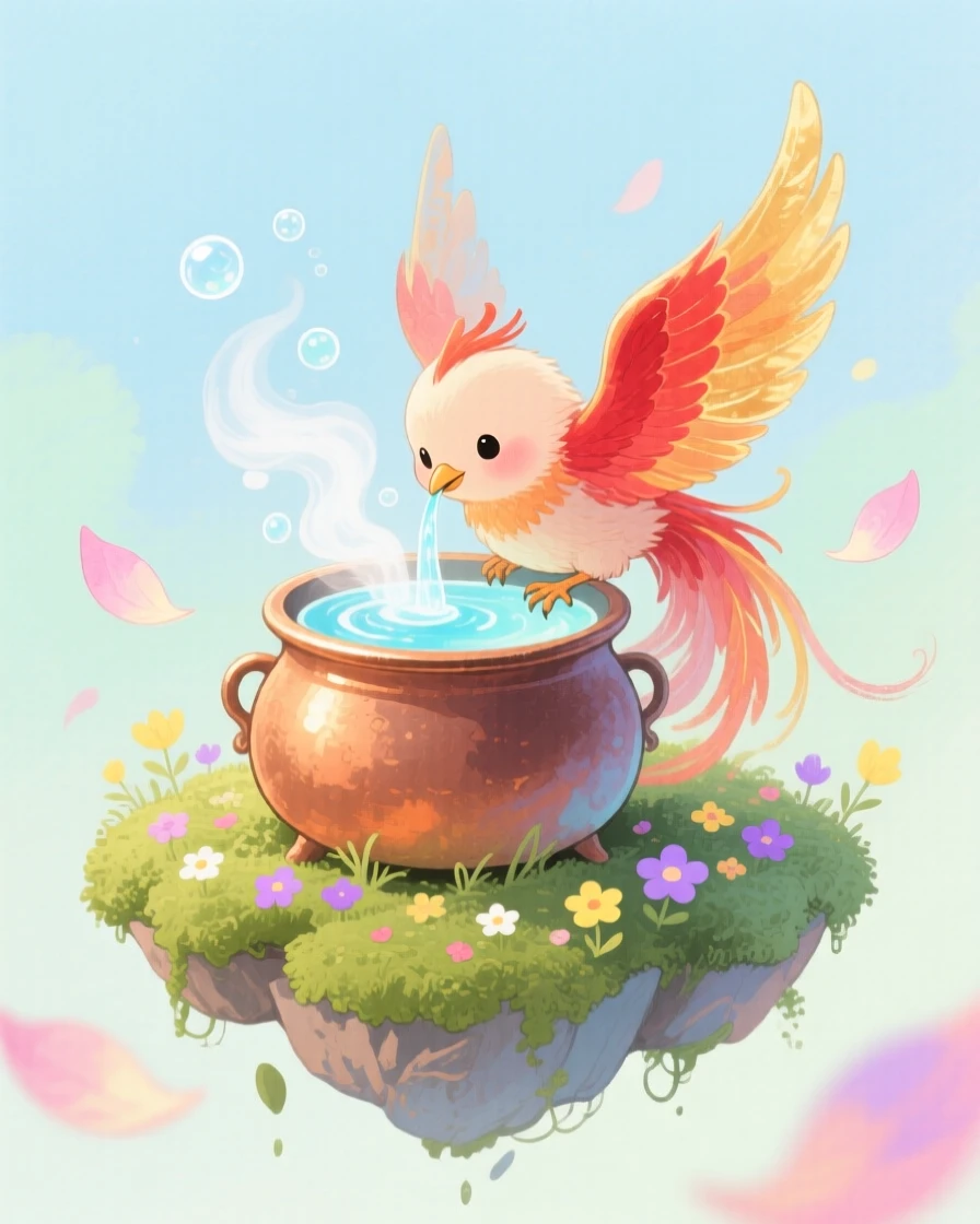 A tiny baby phoenix stirs a bubbling potion in a tiny cauldron in a floating garden island, surrounded by softly glowing petals
