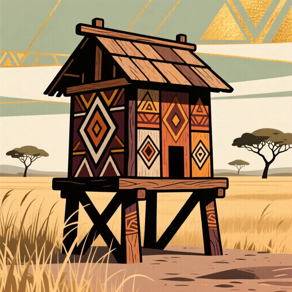 A raised wooden granary standing at the edge of a wide savanna.