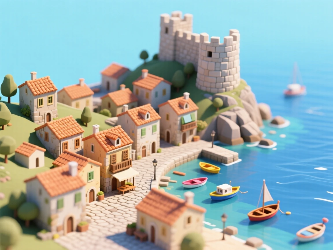 A miniature Croatian coastal town with terracotta rooftops cascading toward a sparkling blue harbor, and a stone fortress wall overlooking the sea.