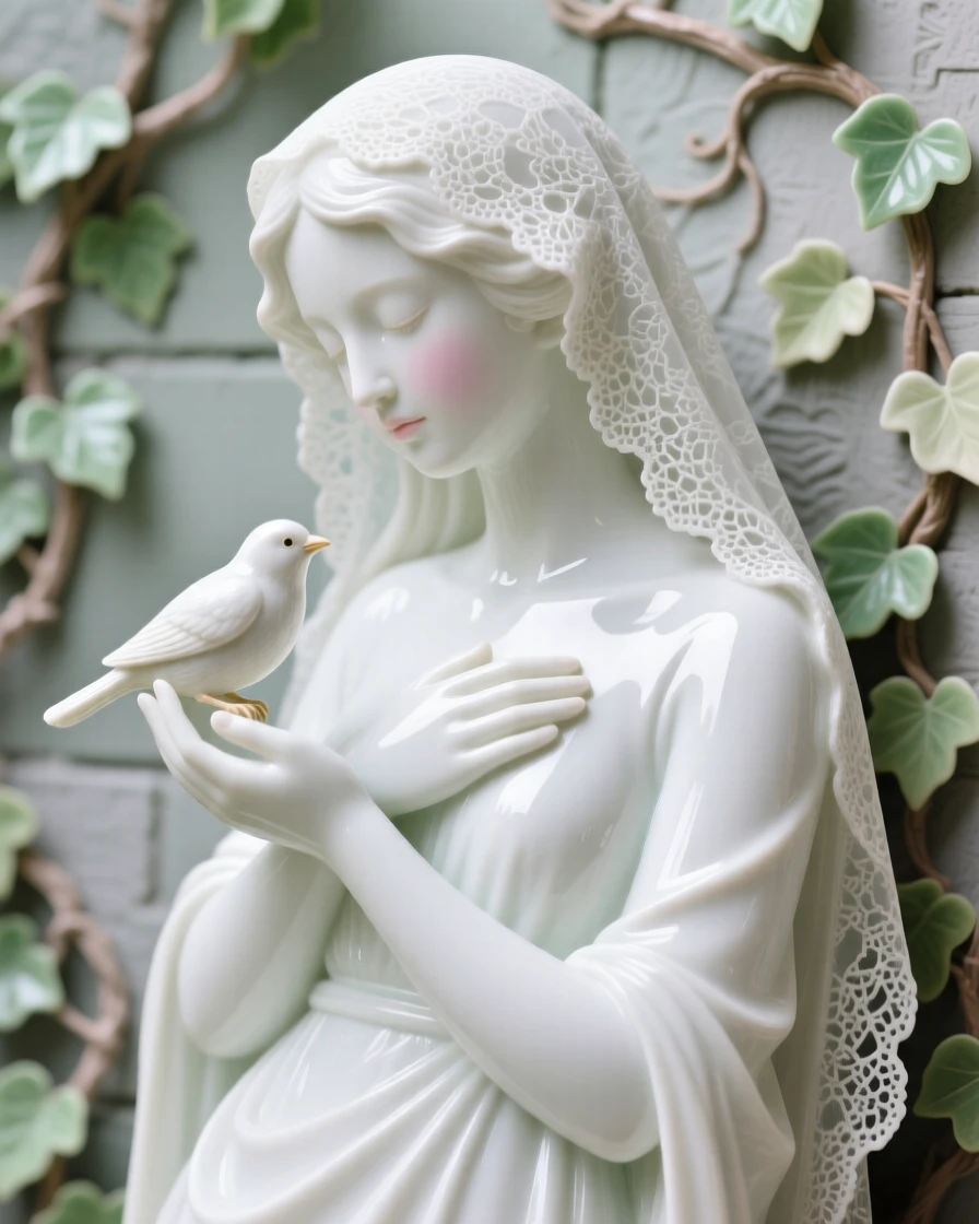 A musician cradling a small bird in cupped hands, wearing a delicate lace veil, one hand resting gently over her heart, set against an ivy-covered garden wall.