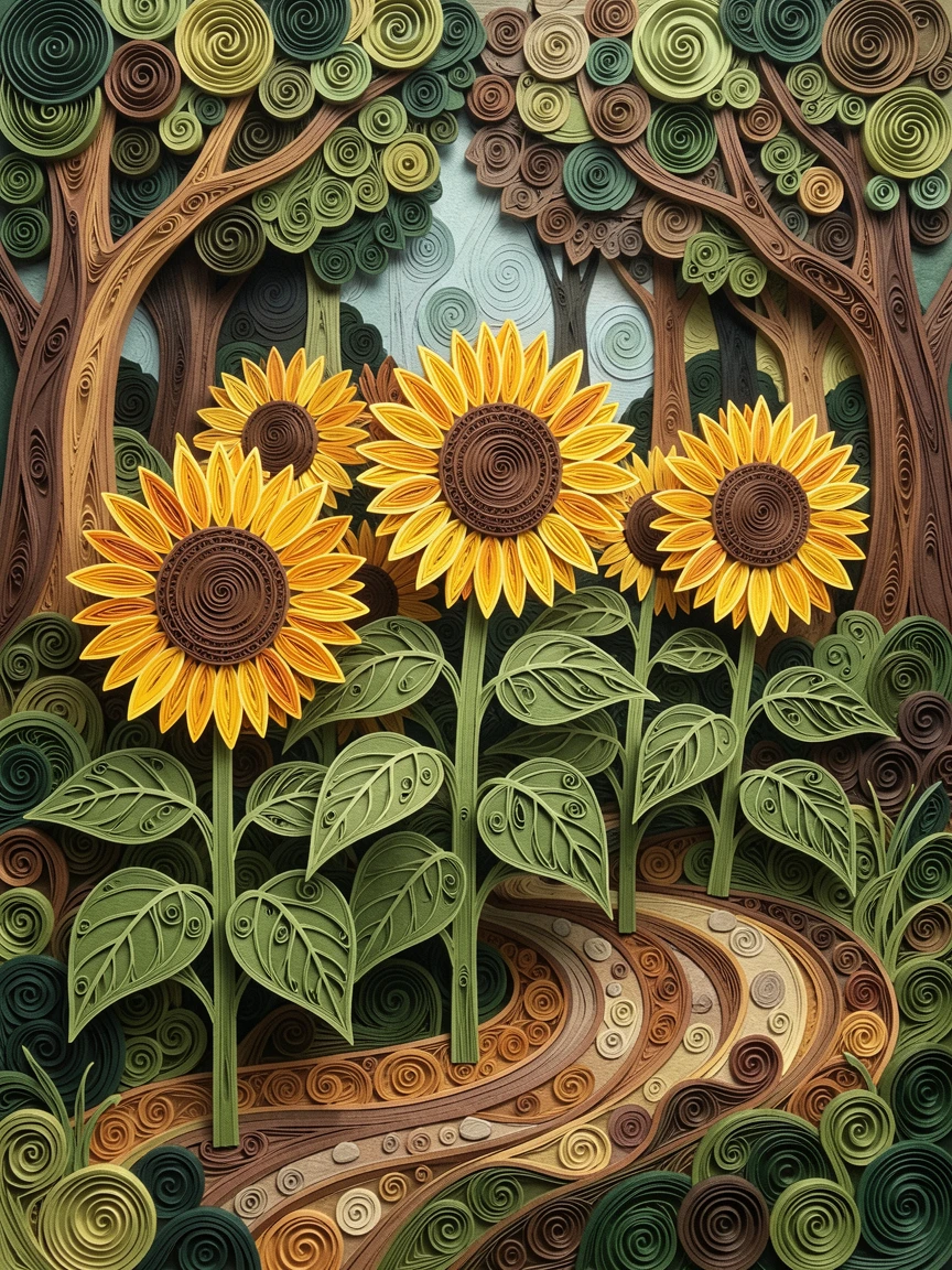 A serene botanical study of a cluster of sunflowers turning toward the light along a winding forest path, with delicate veining visible on each leaf, layered from foreground to background for depth.