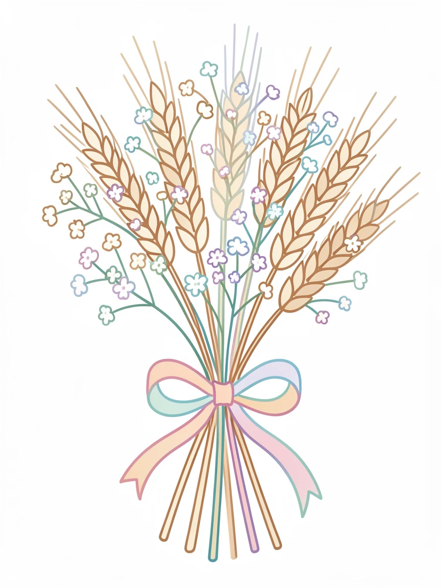 A bouquet of dried wheat and baby's breath tied with a ribbon.