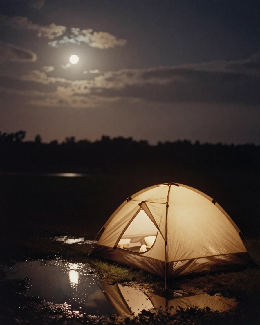 A tent glowing softly from within beneath a starlit sky, under moonlight, just after a rain shower, with puddles reflecting the sky, during the long days of summer, with a soft sepia-tinted glow, over the shoulder of the main subject.
