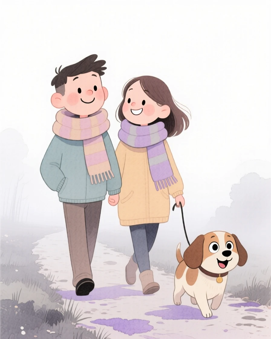 A couple wrapped in matching scarves walking a dog together along a foggy trail