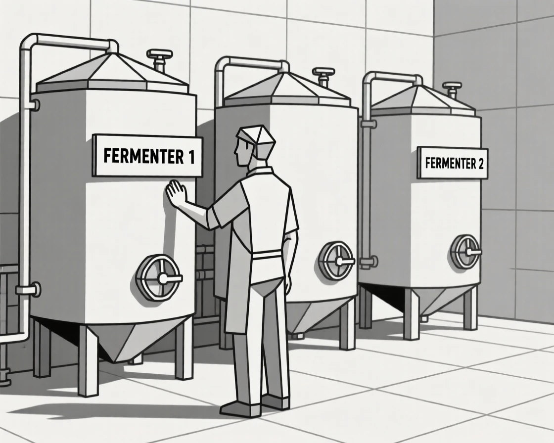 A brewer checking fermentation tanks in a brewery