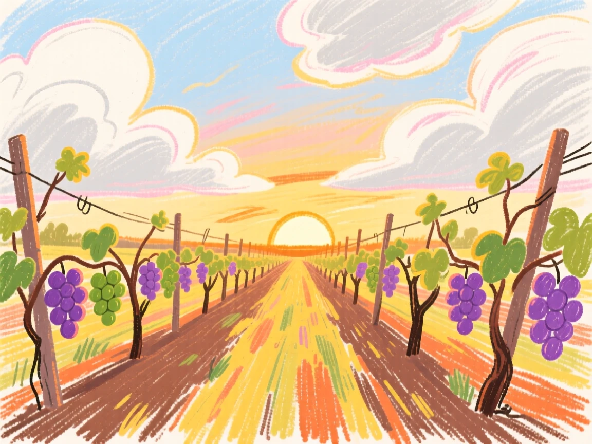 A view of a vineyard glowing at golden hour beneath a sky full of drifting clouds.