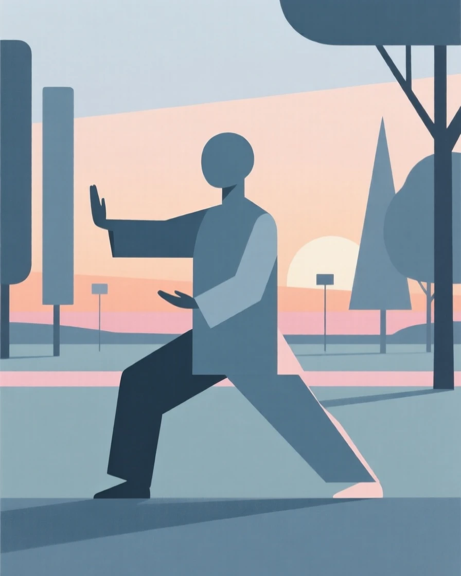 A person practicing tai chi in a park at dawn