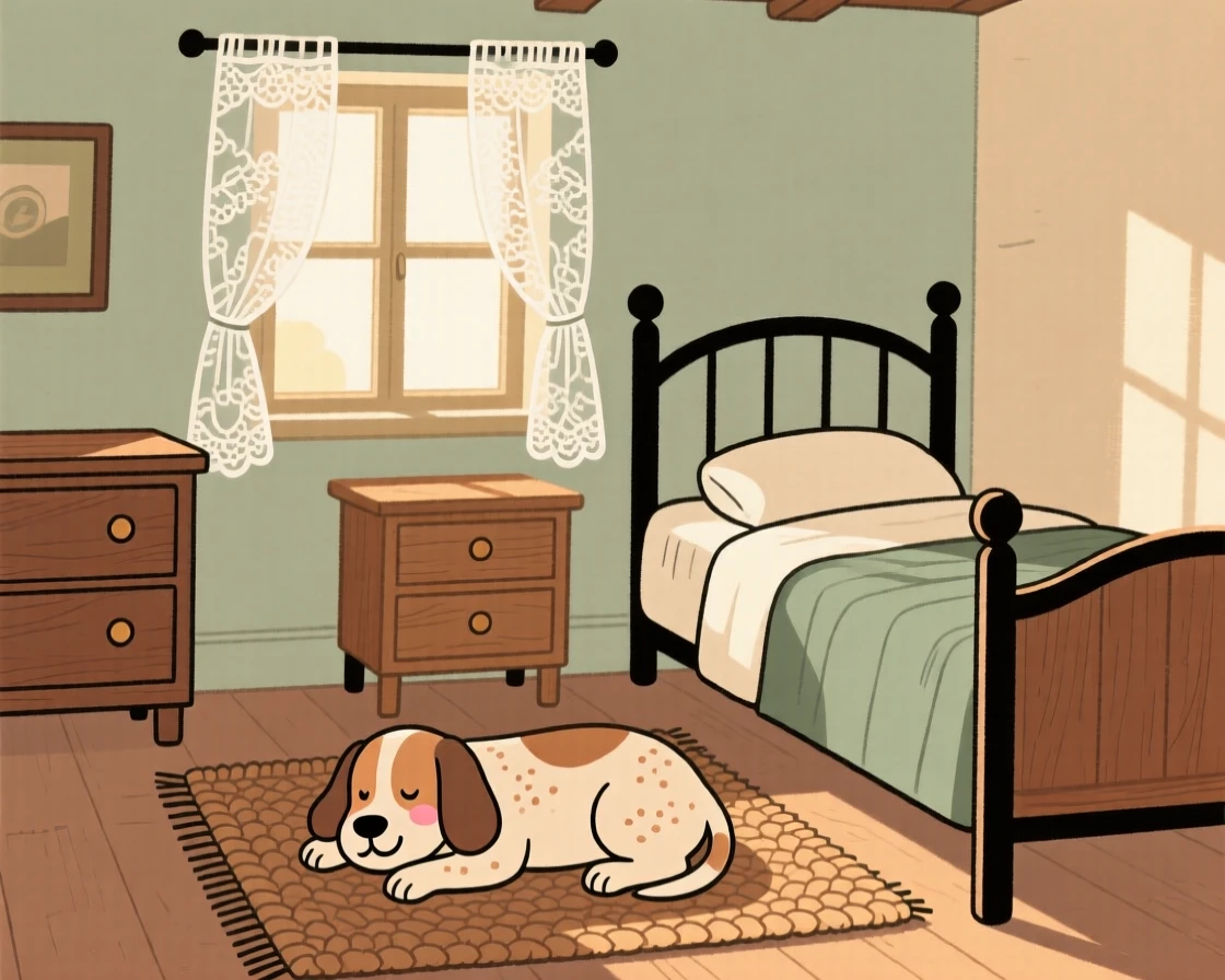 Morning light spills across a cottage bedroom filled with vintage furniture and lace curtains, where a old dog naps peacefully on the braided rug.