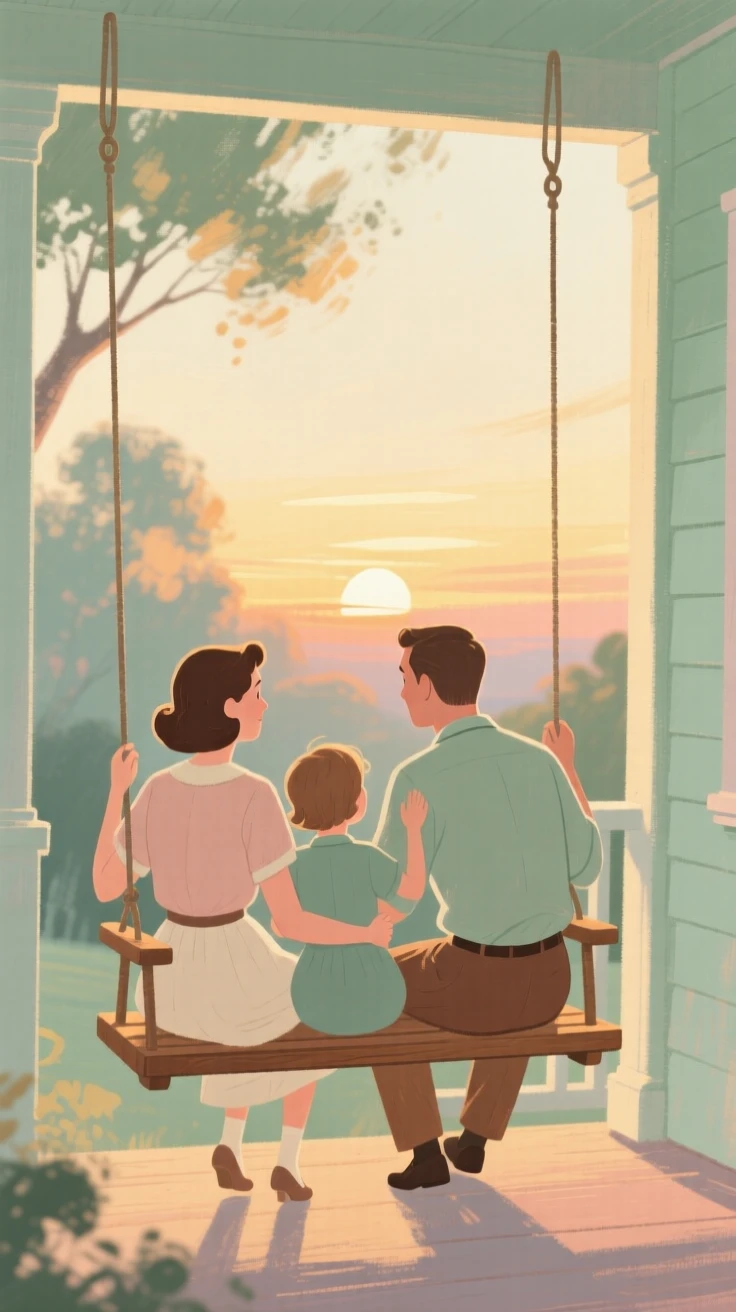 A family gathered on a porch swing watching the sunset