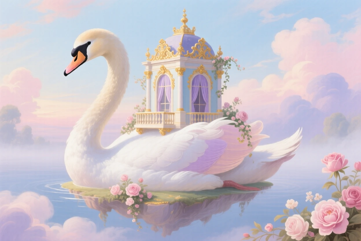 A floating island shaped like a swan carrying a tiny palace  