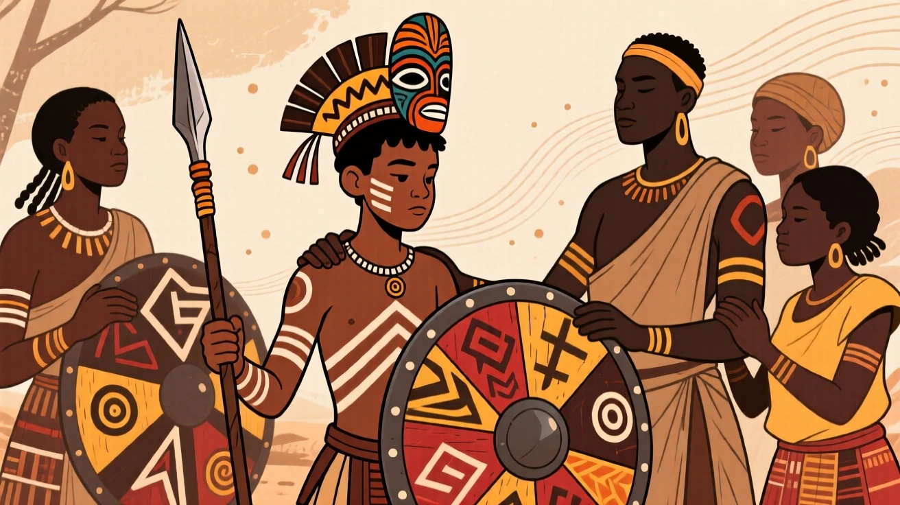 A young warrior comforted by his family before a hunt.