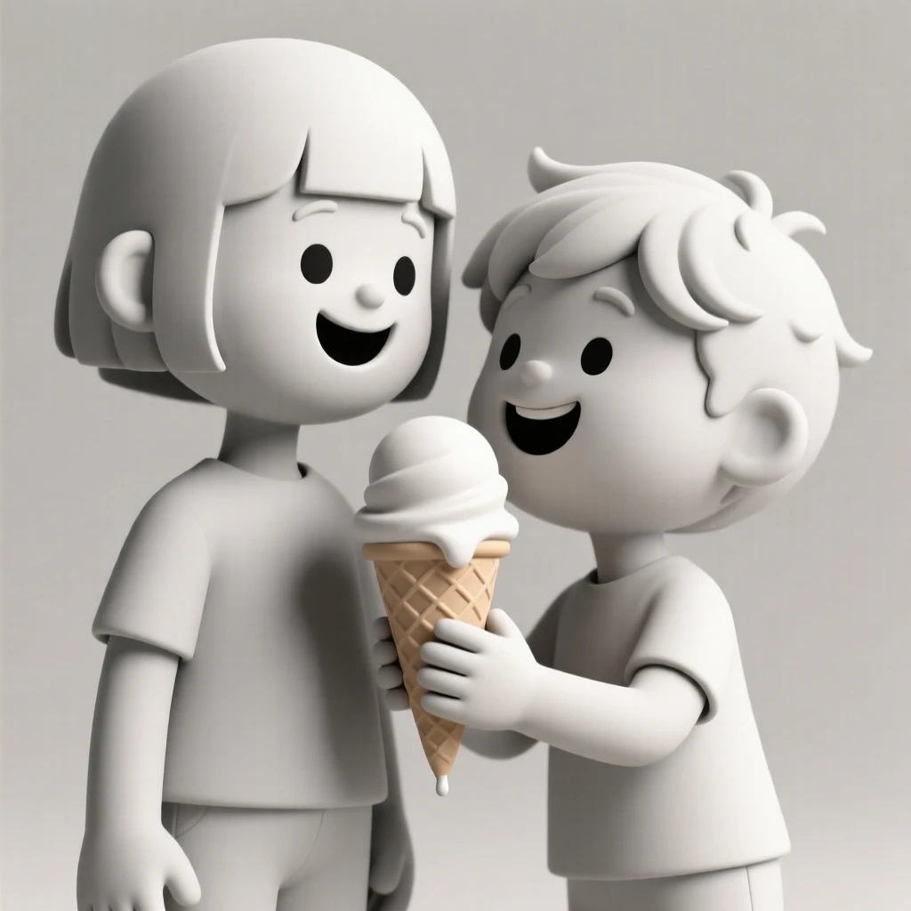 A pair of young siblings share an ice cream cone, both leaning in with wide happy smiles and sticky fingers.