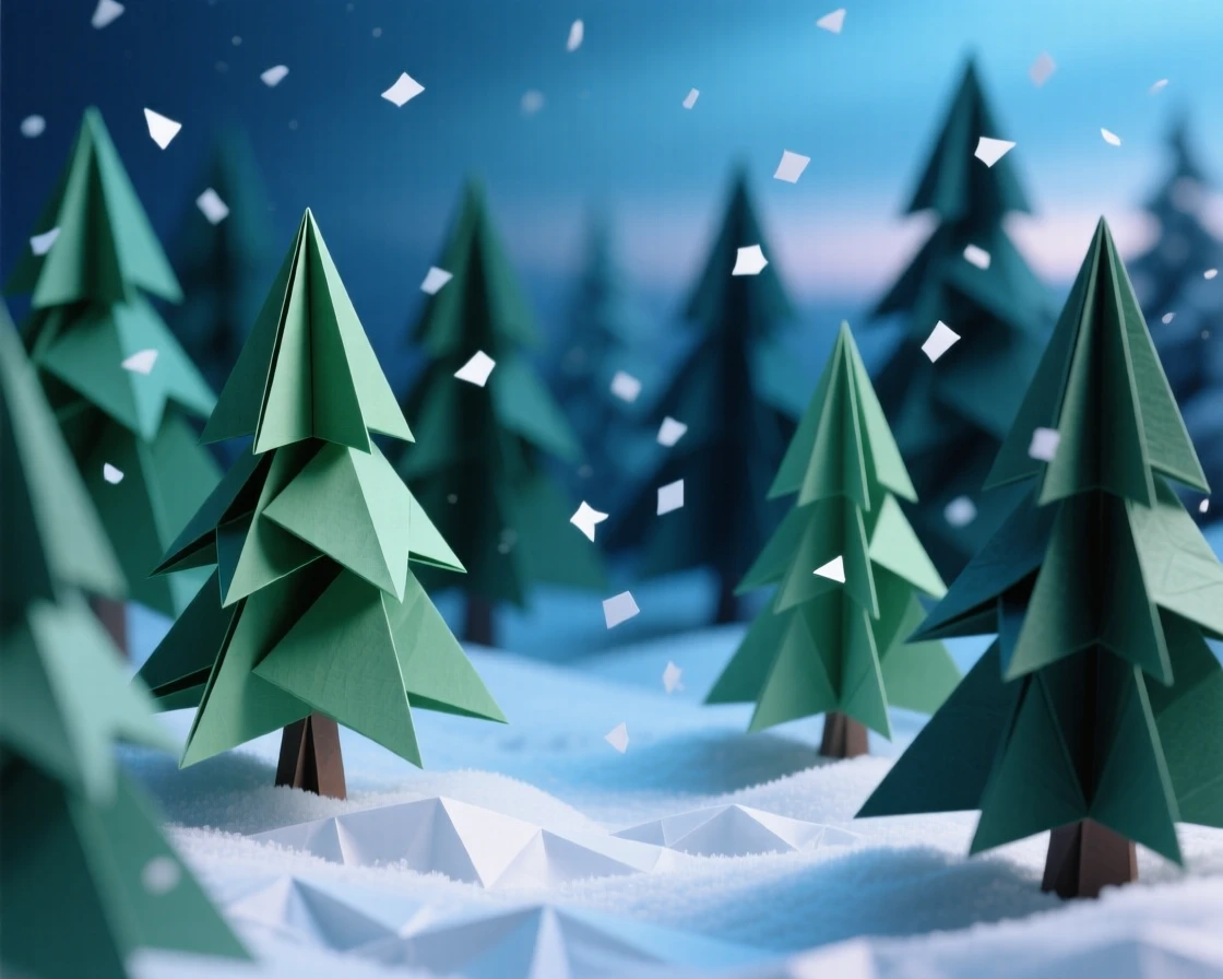 A snowy pine forest at dusk, soft blue light settling between the trees as snow falls quietly.