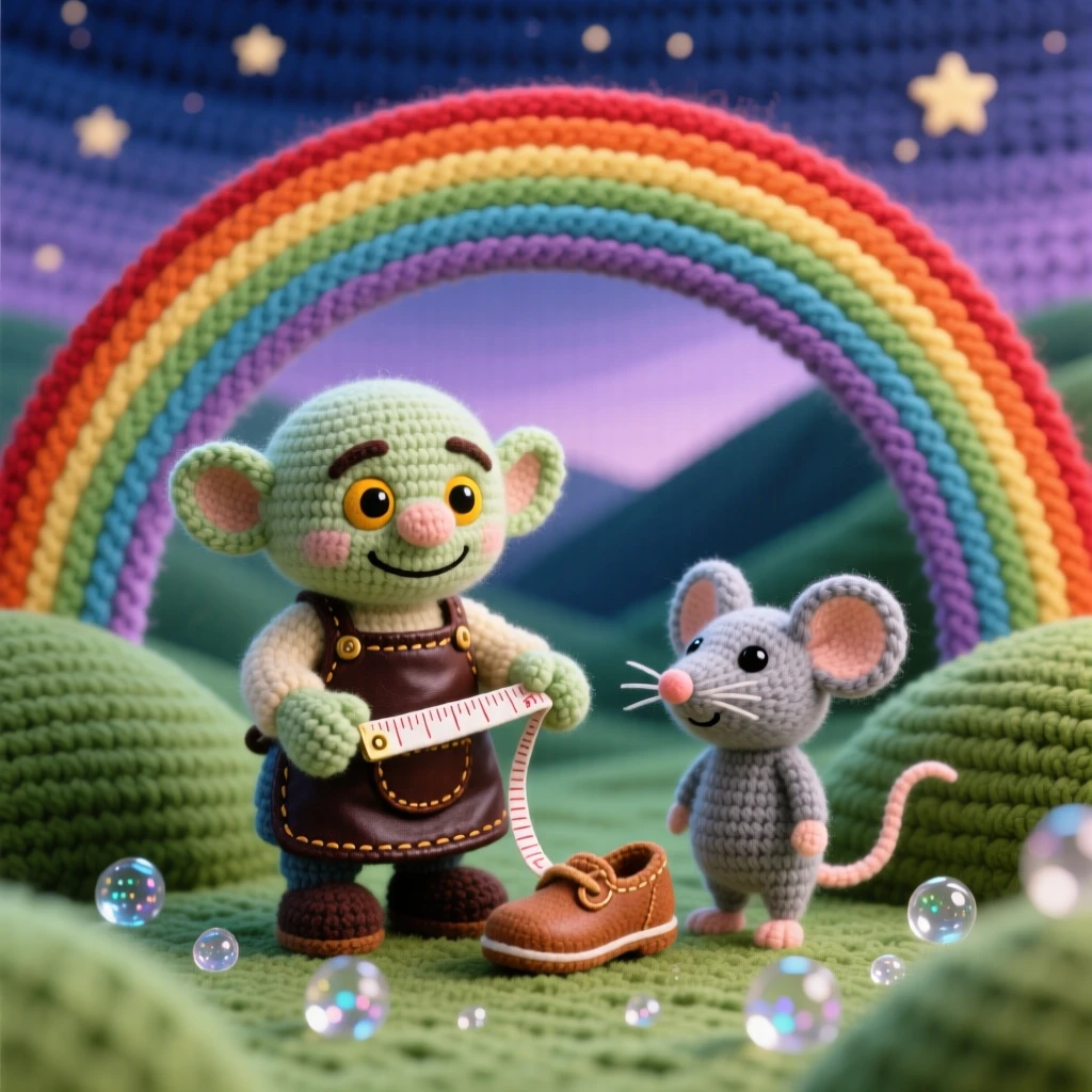 In a rainbow bridge arching over a quiet valley, a tiny goblin cobbler with a leather apron and nimble hands is captured measuring a tiny shoe for a mouse customer, surrounded by a scattering of shimmering dewdrops, filled with dreamy tranquility under a magical sky.