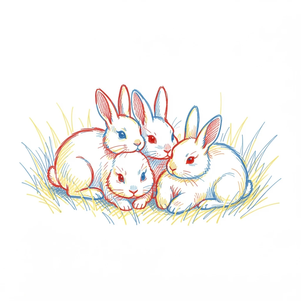 A litter of baby rabbits nestled together in soft green grass