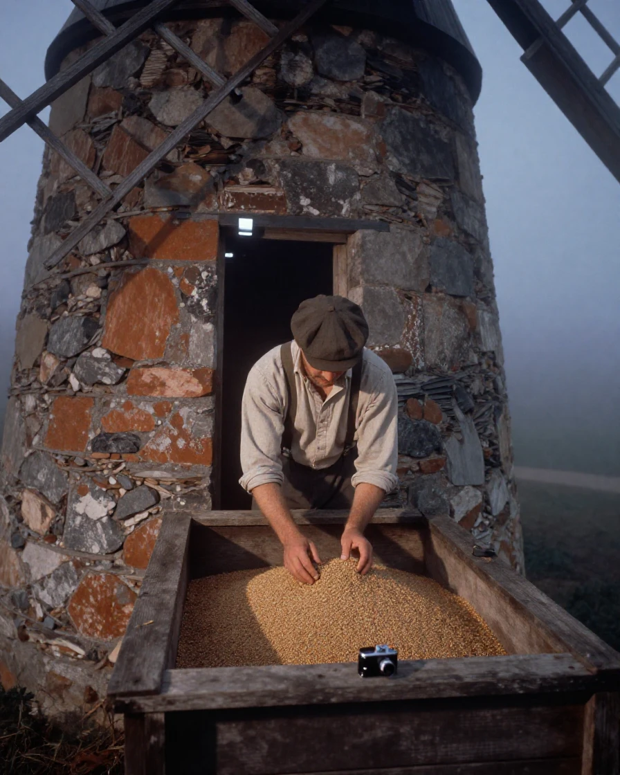 A miller checking grain inside an old stone windmill, in cool blue twilight, in thick rolling fog, in late autumn, in earthy terracotta and ochre shades, shot from directly overhead.