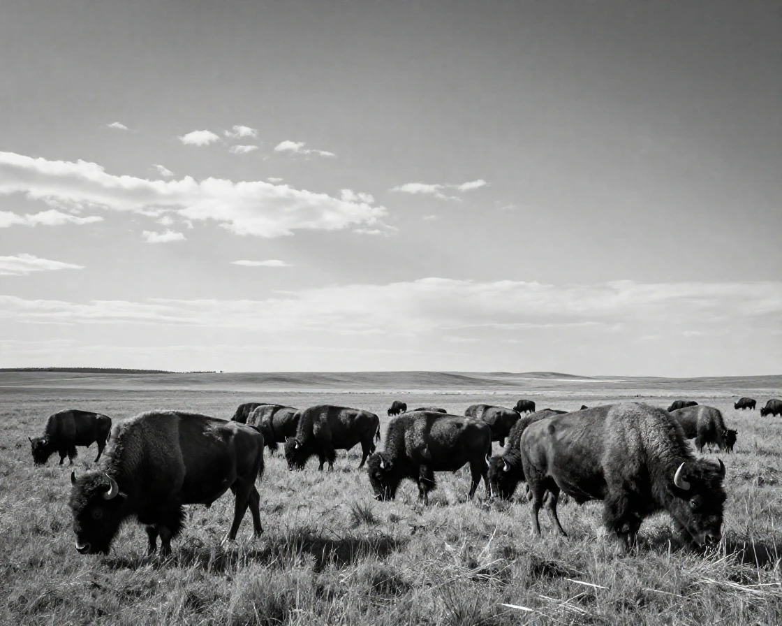 A bison herd grazes across an open prairie beneath a wide open sky.