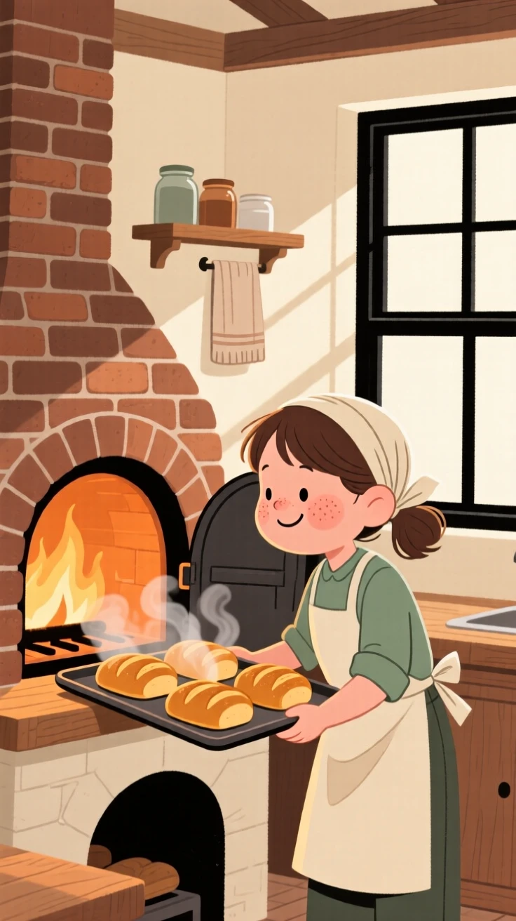 A young baker pulls a tray of golden loaves of bread from the oven in a sunlit farmhouse kitchen, steam rising as sunlight streams through the window.
