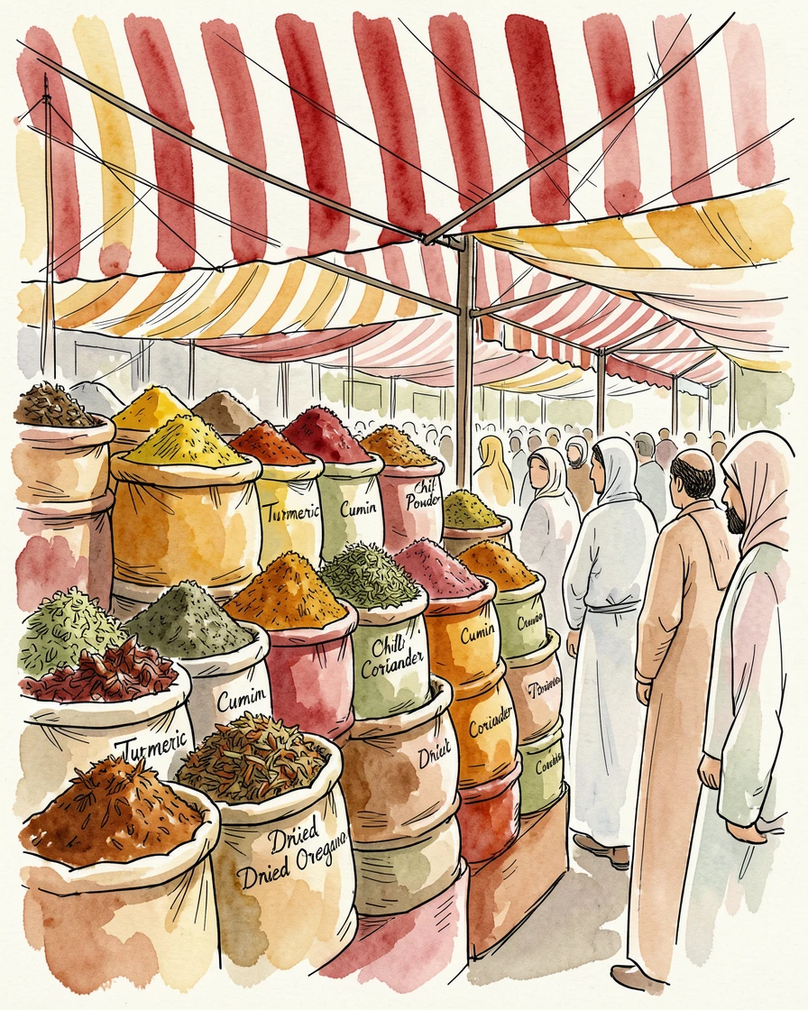 A crowded spice market with sacks of colorful powders and dried herbs stacked beneath striped awnings