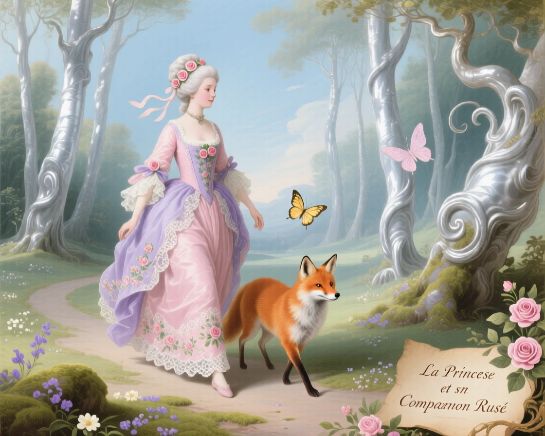 A princess and her fox companion walking through a forest of silver trees  