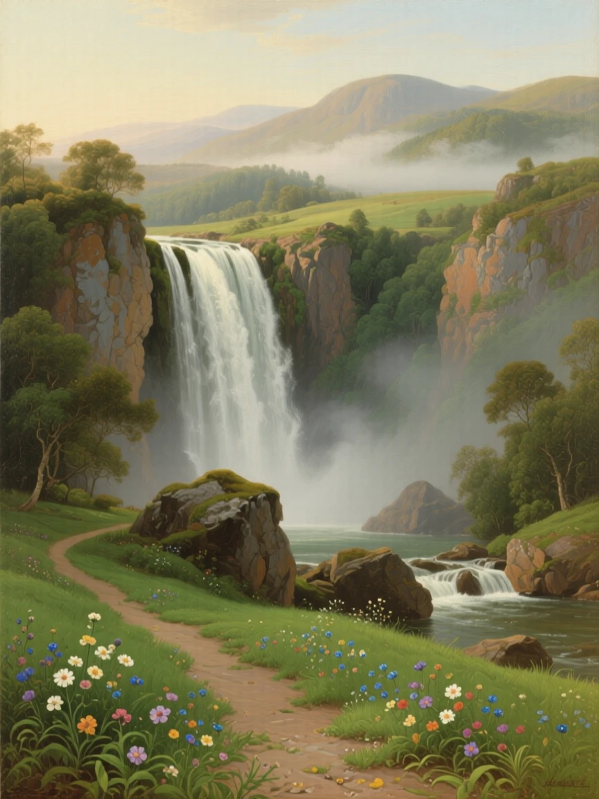 A cascading waterfall tumbling through a mist-filled emerald valley captured in the fleeting stillness of a perfect moment, set within reach of a winding country path, with wildflowers scattered like scattered jewels across the green; layered depth separates near, middle, and far distance beautifully, radiating the serene majesty of untouched nature.