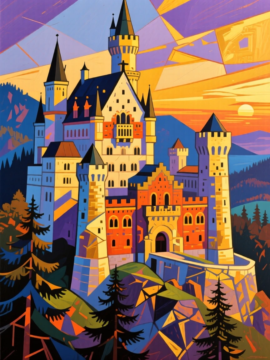A breathtaking view of Neuschwanstein Castle, glowing under a golden sunset.