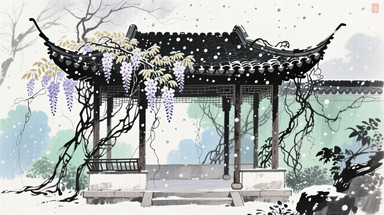 An abandoned garden pavilion reclaimed gently by wisteria vines, filled with tranquil stillness, beneath softly falling snow.