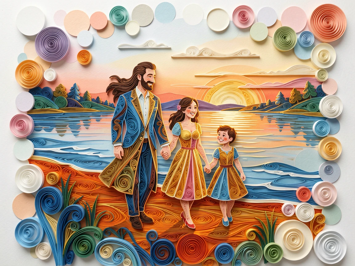 a family walking hand in hand along a beach at sunset, beside a calm lake at sunrise, framed with soft bokeh in the background, with gentle sunlight highlighting joyful smiles.