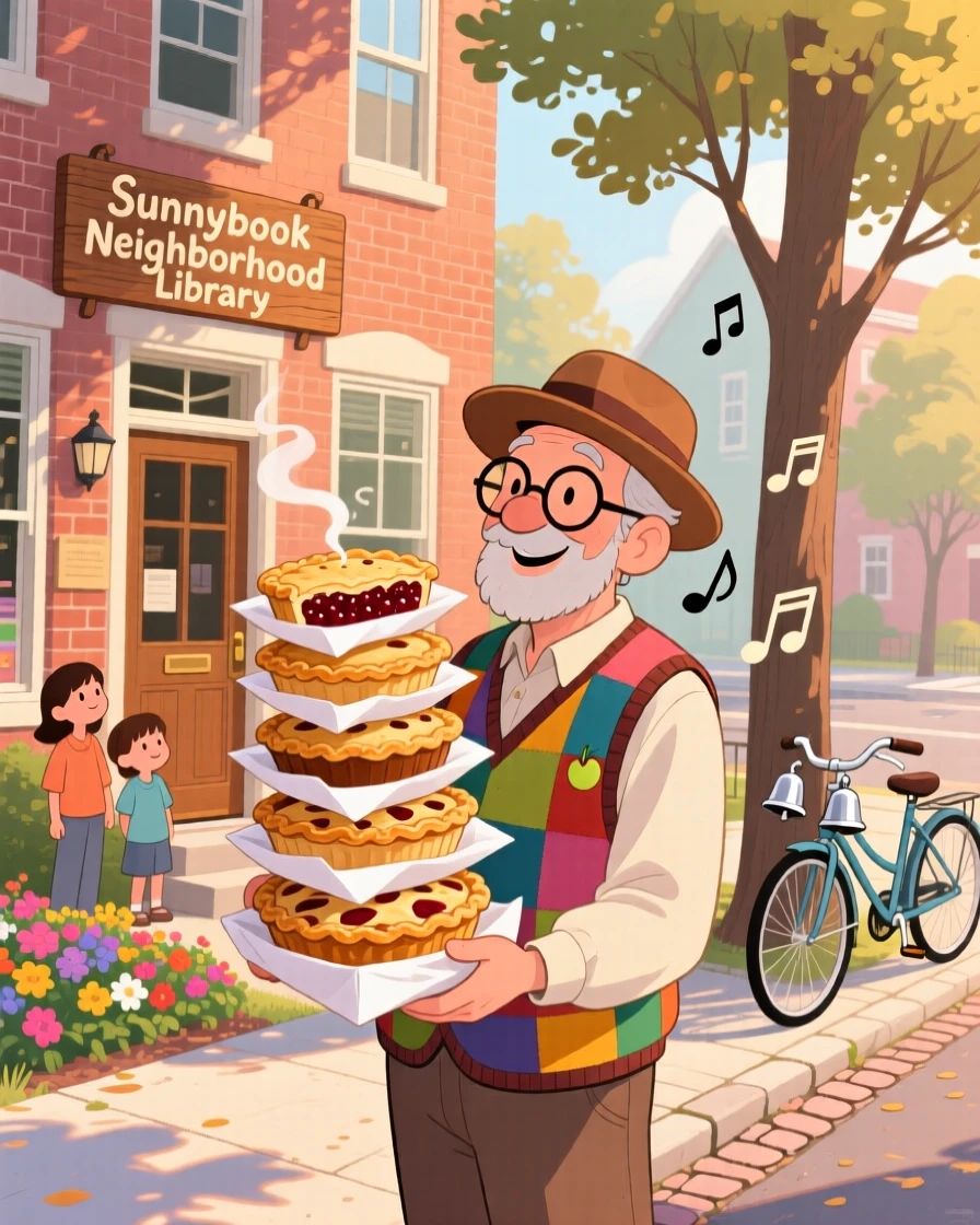 A street musician pauses while carrying a stack of freshly baked pies in a quiet neighborhood library, as bicycle bells chime somewhere nearby.