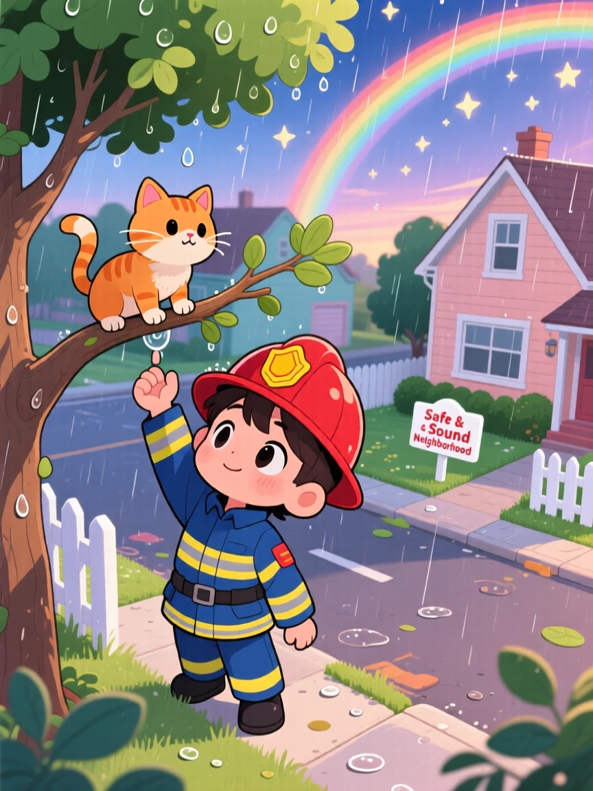 Bird's-eye view: a brave firefighter kid, rescuing a kitten from a low tree branch, set against a quiet suburban street under a rainbow after the rain, with sparkling starlight and a mood of eager anticipation.