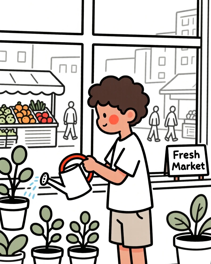 A young boy of Brazilian heritage watering houseplants by a bright window, in a bustling city market.