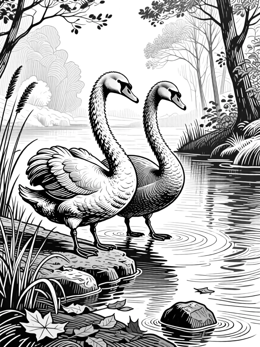 A pair of swans beside a calm woodland stream, muscles tensed mid-stride, capturing a calm and dignified moment in nature with a strong, centered focal point.