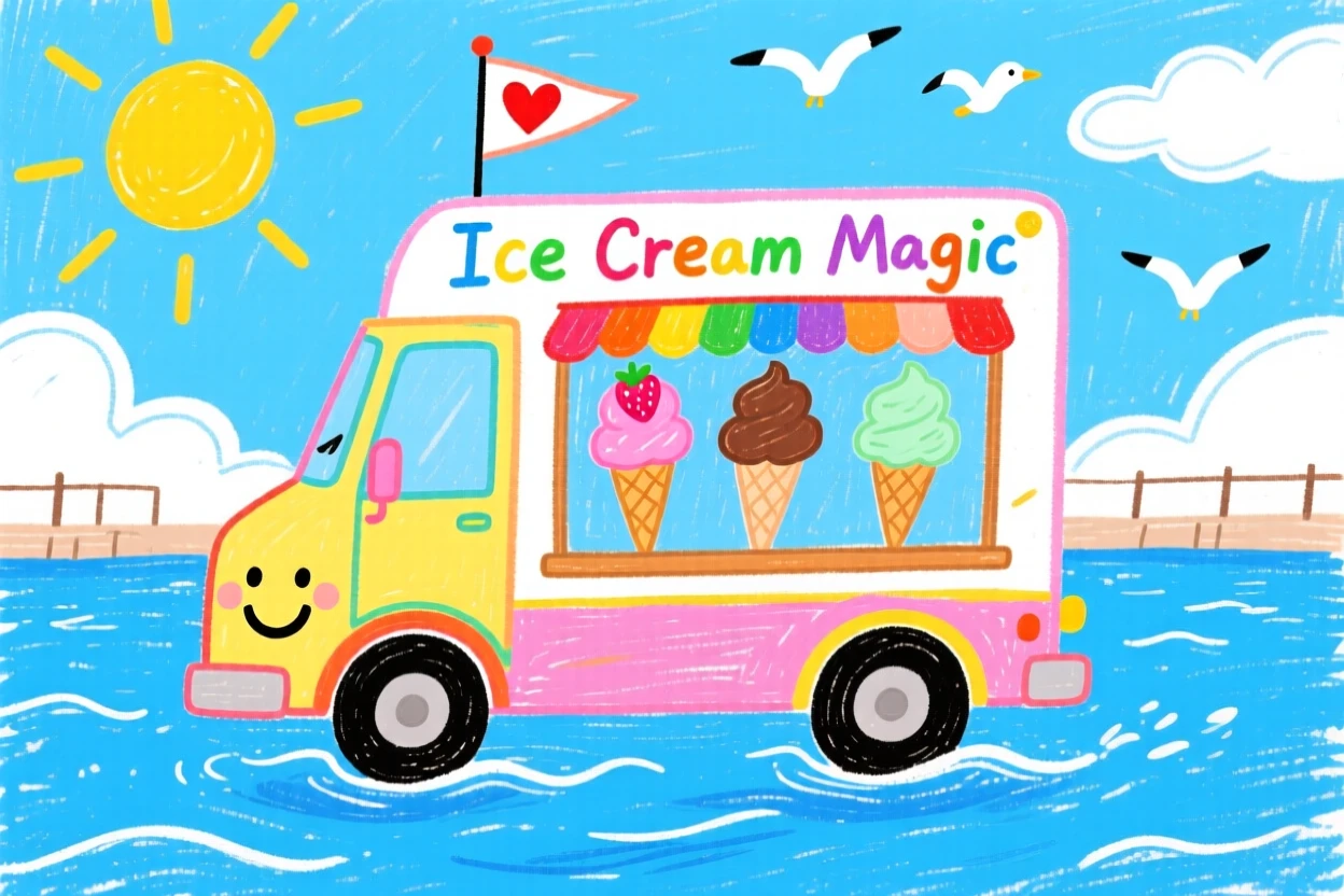 A cheerful ice cream truck sailing across a calm blue harbor.