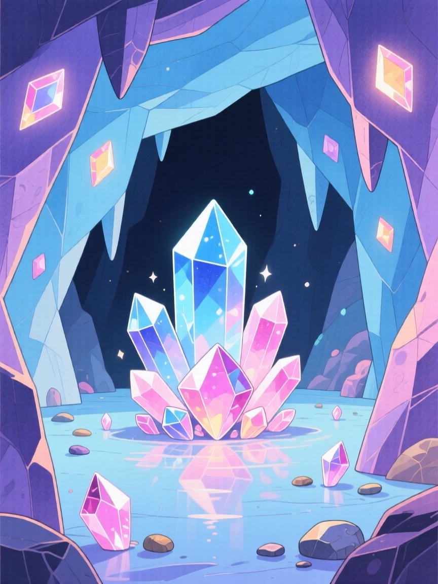 A wondrous view of a crystal cavern lit by glowing gems.