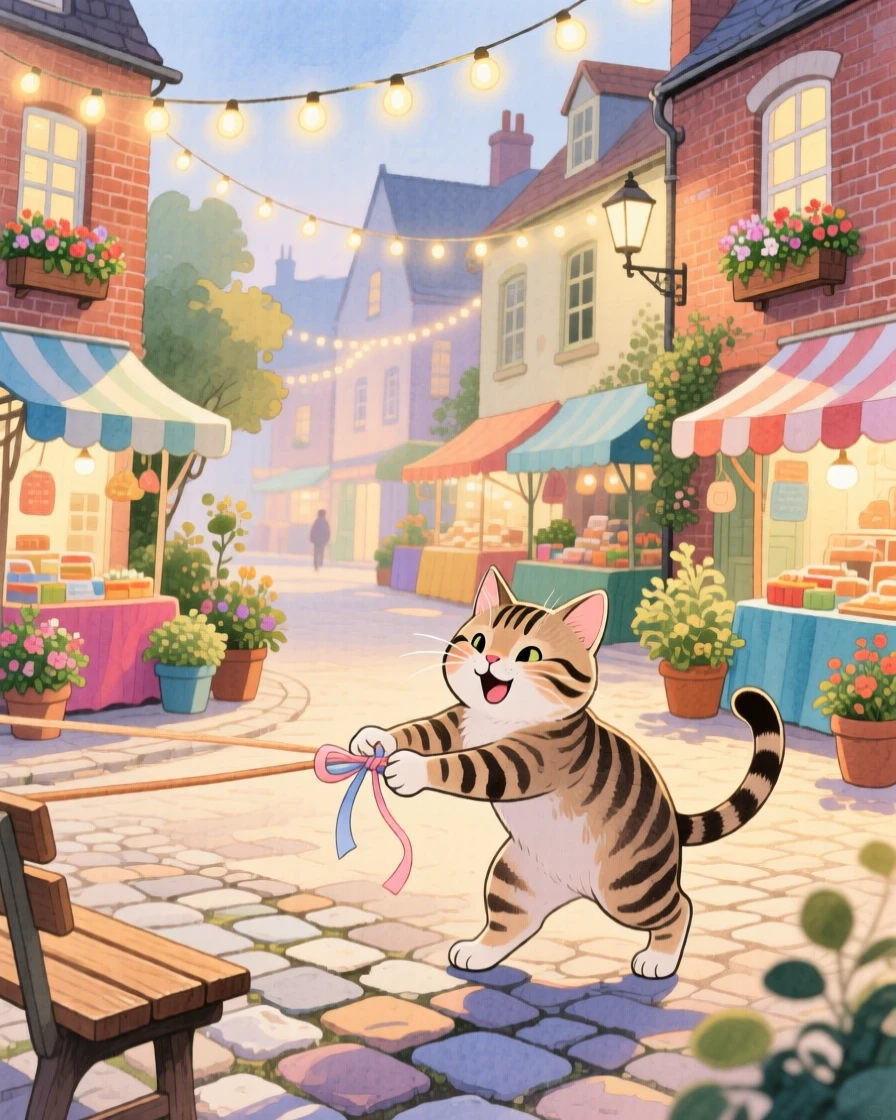 A tabby cat playing tug-of-war with a little ribbon, set in a village square decorated with fairy lights, brimming with cozy comfort.