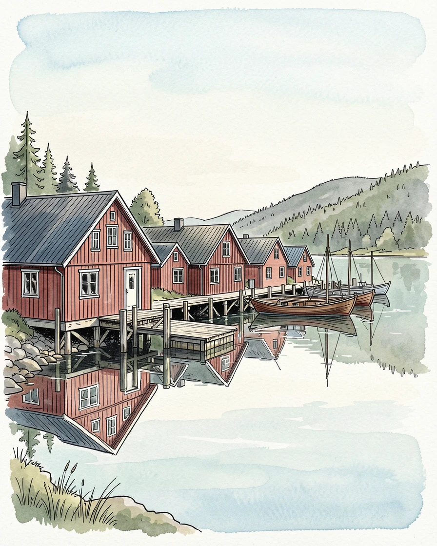 A quiet Nordic fishing village with red wooden houses lining a still, mirror-like fjord