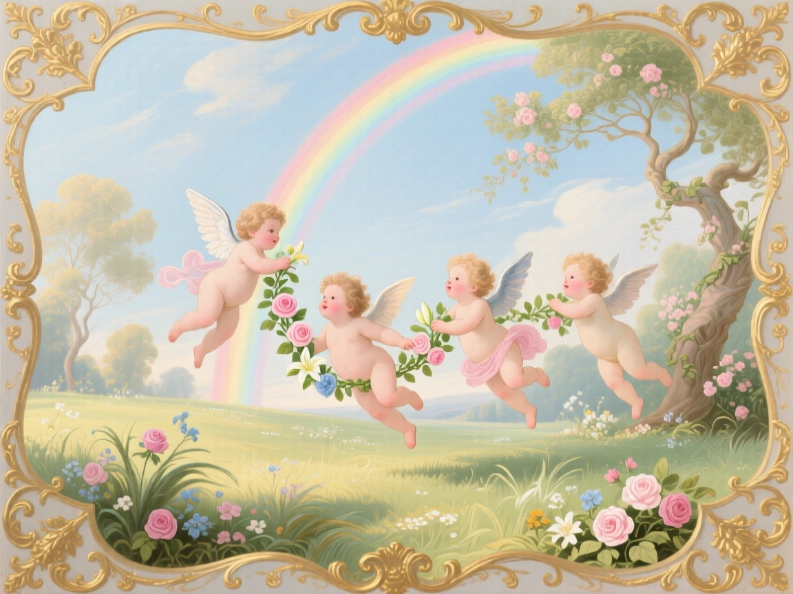 A sunlit meadow where cherubs weave garlands around a rainbow  