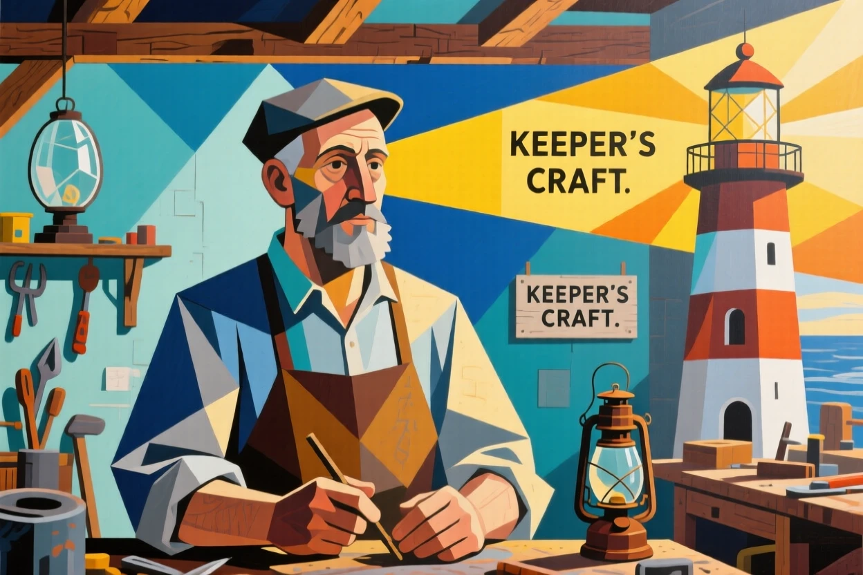 A medium shot portrait of a lighthouse keeper in a sunlit workshop, focused and content in the craft.