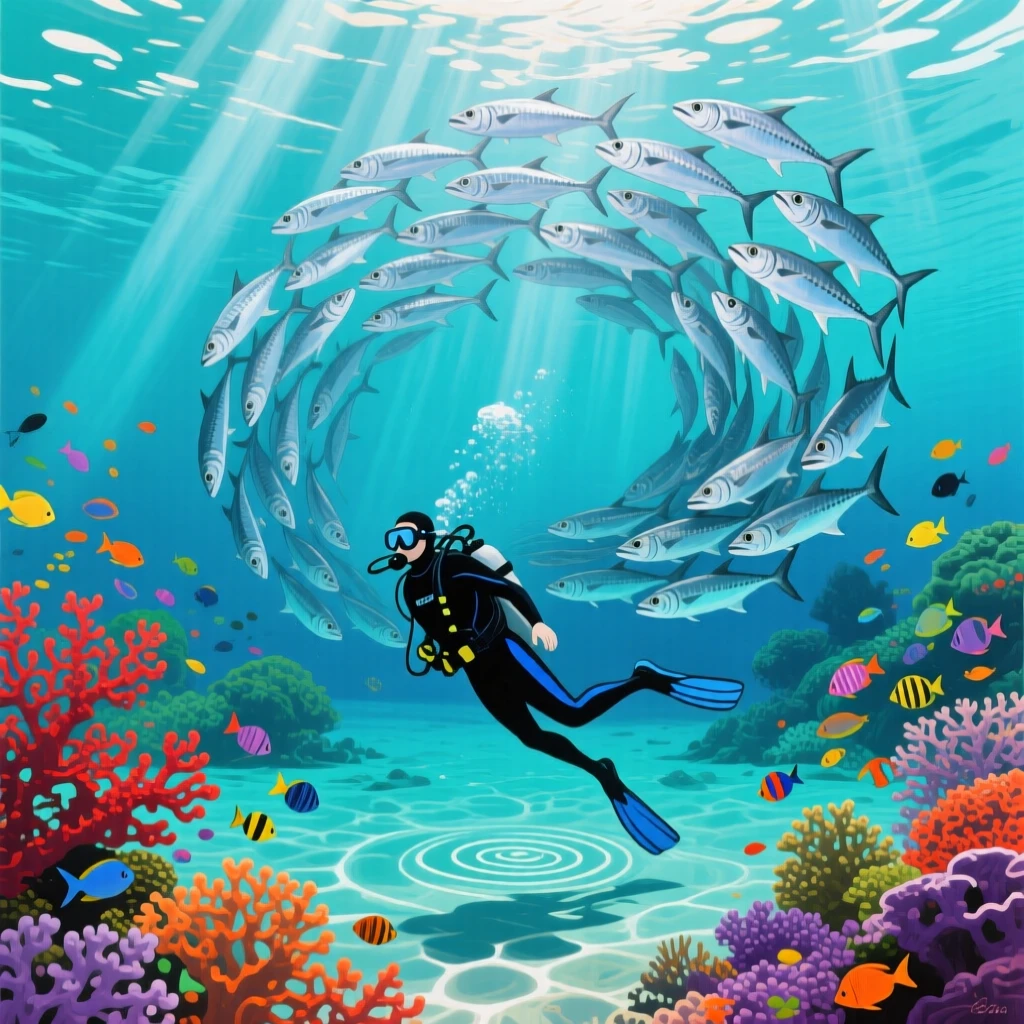 A vibrant underwater scene near Fiji shows a diver swimming alongside a massive school of barracuda circling in a perfect spiral formation, small ripples or movement in the foreground giving the otherwise still setting a sense of quiet life.