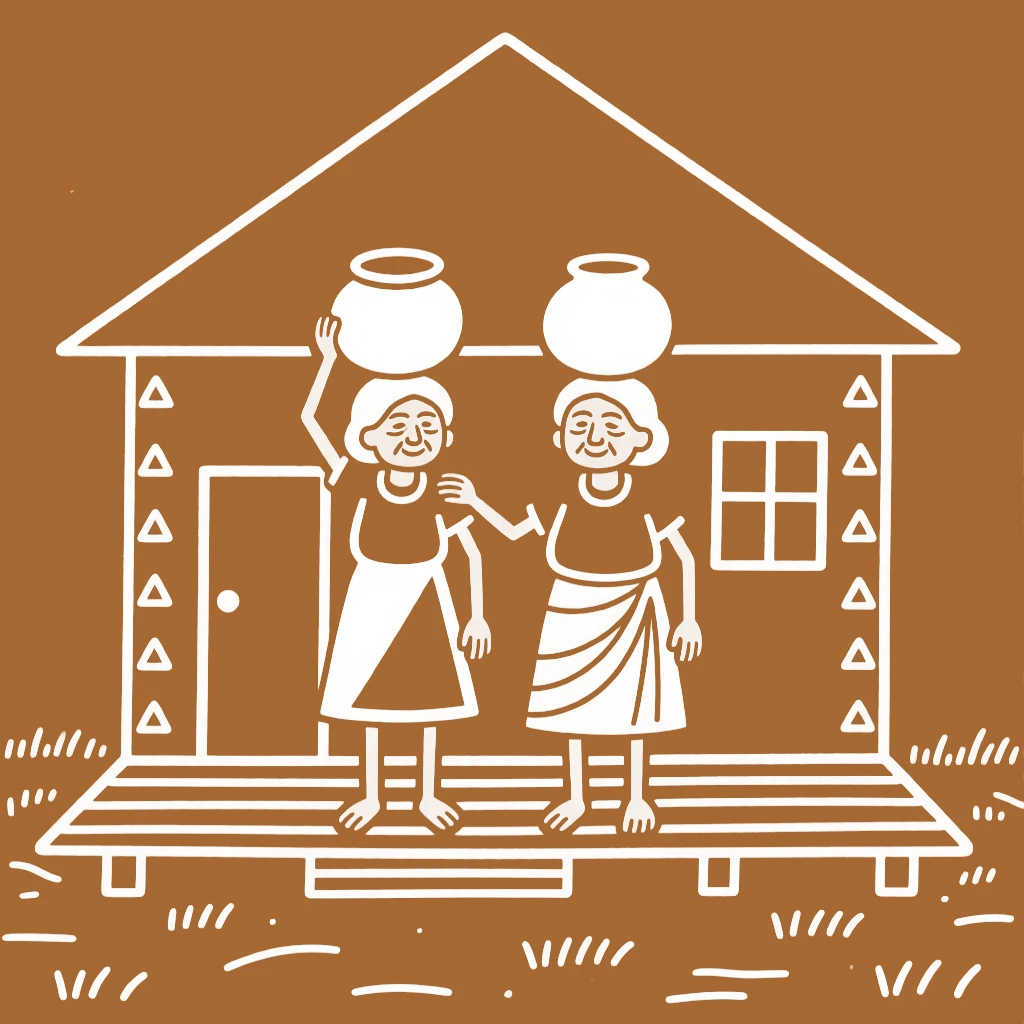 A grandmother helping each other carry water home on the veranda of a small house.