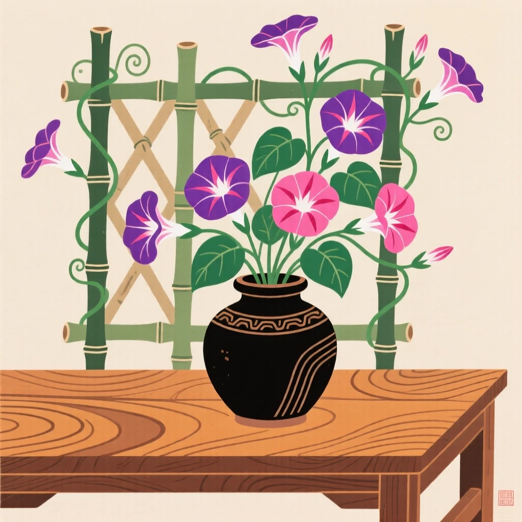 A still arrangement of morning glories climbing a bamboo trellis in a rustic clay vase on a wooden table.