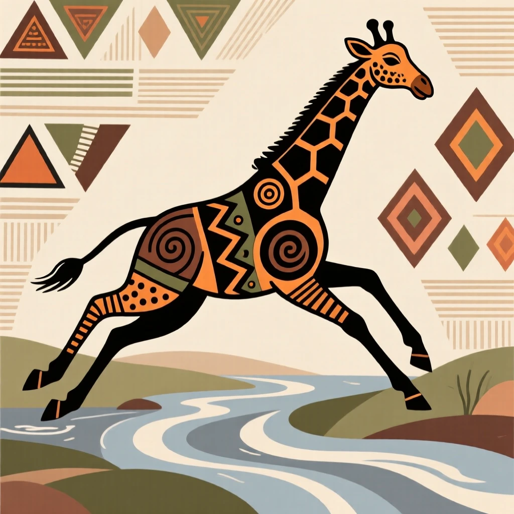 A giraffe leaping across a stream.