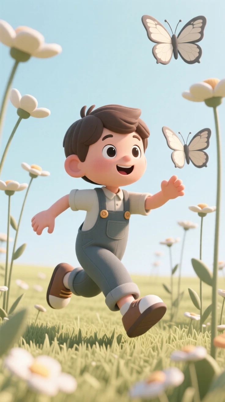 A little boy in overalls chases a butterfly through a sunny field of tall wildflowers, arms outstretched.