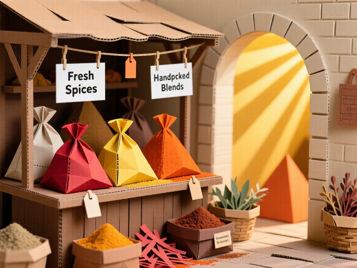 A bustling spice market with sacks of vibrant colored powders arranged in neat pyramids, sunlight streaming through an open archway above, capturing sensory richness.