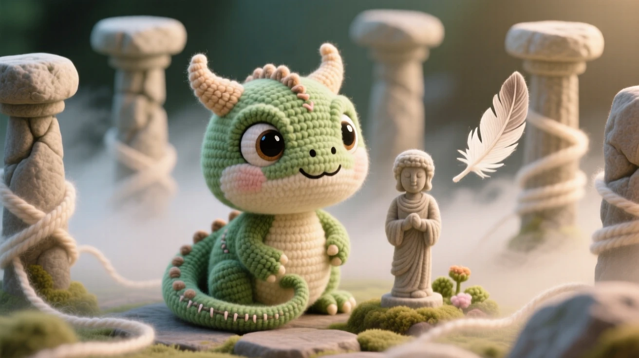 a round baby basilisk, with tiny harmless horns and big curious eyes, coiling gently around a garden statue, within an ancient stone circle wrapped in soft fog, near a single floating feather catching the light, radiating curious innocence meeting a magical world.